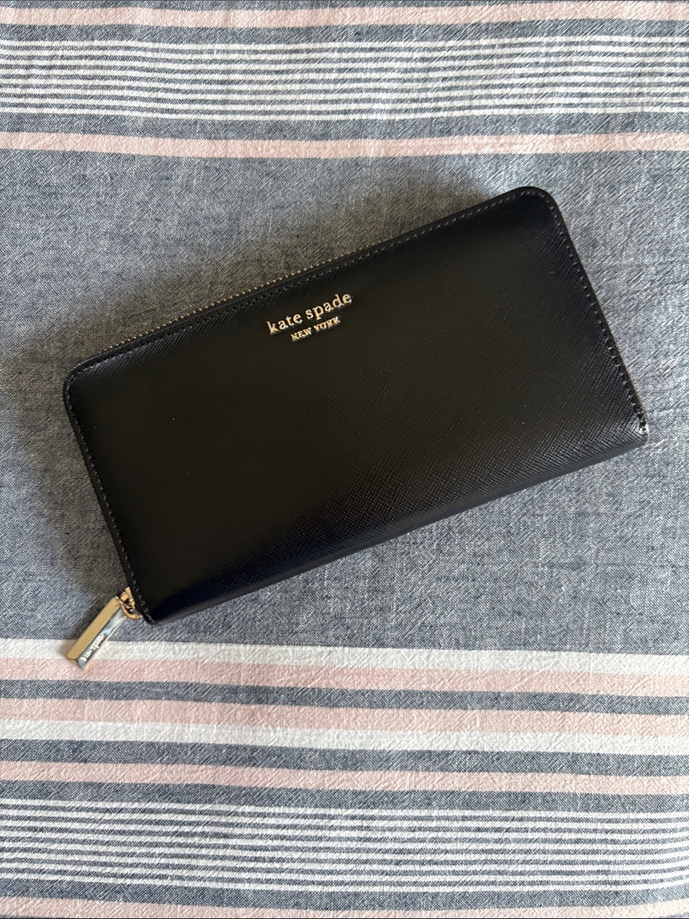 kate spade Saffiano Black Zip Around Wallet with Gold Logo